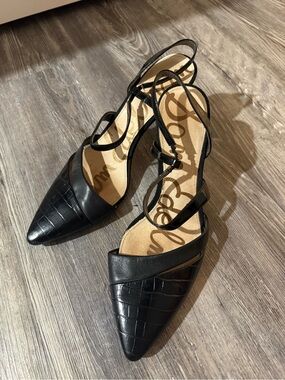 Sam Edelman Black Croc-Embossed Pointed Toe Slingback Heels